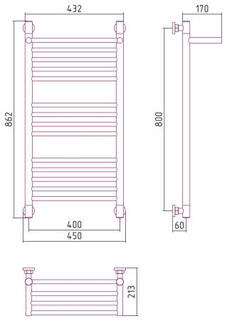 Полотенцесушитель, Сунержа, Богема +, с 1 полкой, водяной, ширина, мм-450, глубина, мм-213, высота, мм-862, межосевое расстояние-400, подключение-диагональное/нижнее/вертикальное, температура теплоносителя-до 95°С, мощность-Вт-421, присоединительный разме, артикул 31-0223-8040