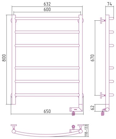 Полотенцесушитель электрический "ГАЛАНТ 2.0" 800х600 / МЭМ правый (Матовый Чёрный), артикул 31-5201-8060