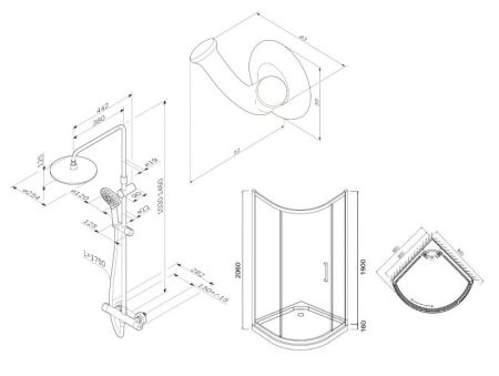 Комплект душевого уголка AM.PM Bliss L 90x90 WK53CC профиль матовый Хром стекло тонированное с душевой системой и аксессуаром, артикул WK53CC