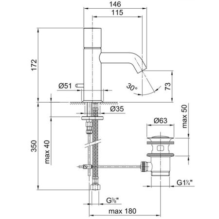 Fantini Nostromo Смеситель для раковины, 1 отв., с донным клапаном, излив 115мм, цвет: хром, артикул 50 02 E904F