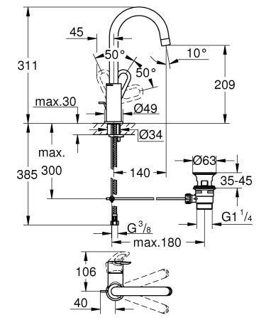 Смеситель для раковины GROHE BauLoop с донным клапаном, L-Size, хром (23763000), артикул 23763000