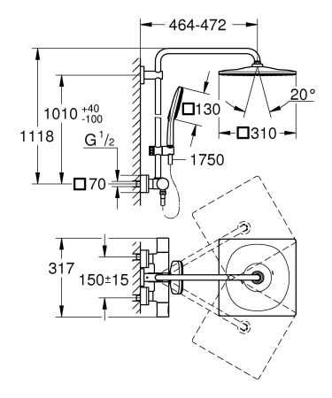 Душевая система GROHE Rainshower SmartActive 310 Mono Cube, квадратный, 1 режим струи, с термостатом, хром (26652000)