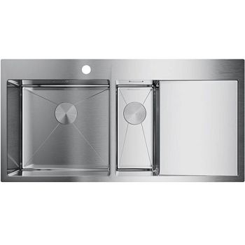 Мойка, OMOIKIRI, Akisame, с крылом, число чаш-2 слева, ширина, мм-1000, глубина, мм-510, высота, мм-200, тип установки-встраиваемый, отверстия для смесителя-1, с переливом, сифон и донный клапан с декоративными накладками в комплекте, материал-нержавеющая