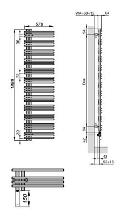 Электрический полотенцесушитель Zehnder Yucca asymmetric YADE-170-060/YD Белый правый с электропатроном WIVAR, артикул YADER-170-060/YD