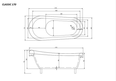 Ванна CLASSIC 170 акриловая отдельностоящая Cerutti SPA (1700x790x750) на львиных алюминиевых лапах  (золото), артикул CT9668