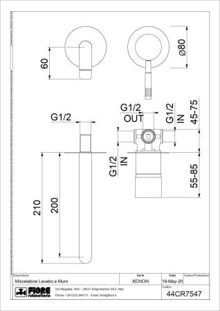 Fiore Xenon, встраиваемый в стену однорычажный смеситель для раковины, цвет золото, артикул 44OO7547