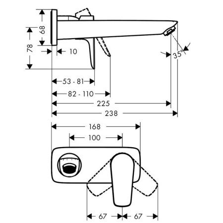 Смеситель для раковины, Hansgrohe, Talis E, тип открывания воды-однорычажный, тип регулирования воды-керамический узел смешивания, тип установки-настенный, вынос излива, мм-225, внутренняя часть-необходимо заказать, цвет-шлифованная бронза
