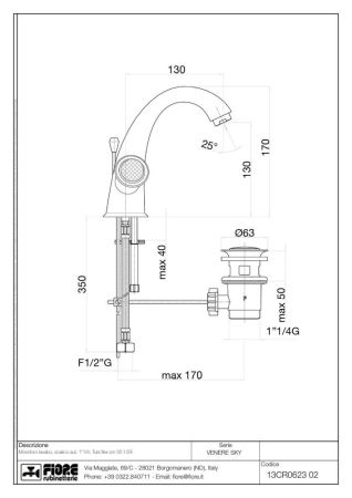 Fiore Venere Sky, двухвентильный смеситель для раковины с донным клапаном, цвет хром - Swarovski, артикул 13CR0623