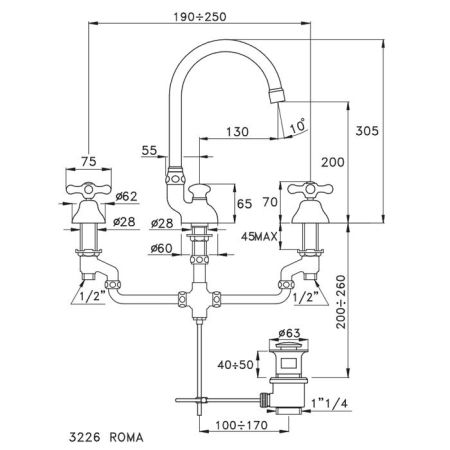 Stella Roma Смеситель для раковины на 3 отверстия 3226, с донным клапаном, цвет: хром, артикул RM 00017 CR00