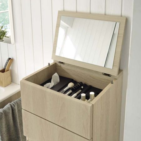 BURGBAD BEL Шкаф 400х350х980 мм., подвесной, створка с зеркалом, открывающаяся наверх, 1 ящик, бельевая корзина, цвет Frassino Dekor Cappuccino