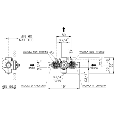 Внутренняя часть, Nicolazzi, назначение-для термостата, стандарт подвода воды-3/4", комплектация-без запорного вентиля