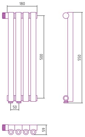 Отопительный радиатор ЭСТЕТ-0 н/ж EU50 левый 500х180 / 4 сек (Состаренная Латунь), артикул 051-0320-5004