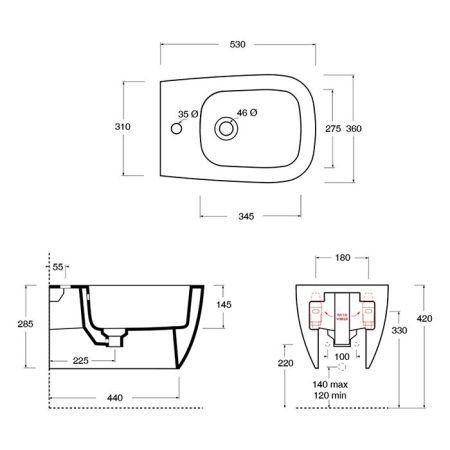Биде, Alice, Wunder, тип установки-подвесной, ширина, мм-360, глубина, мм-530, высота, мм-285, форма чаши-прямоугольная, отверстия для смесителя-1, материал-керамика, вид грязеотталкивающего покрытия-Aliglaze+, крепления в комплекте, без сливного механизм, артикул 45010108SET