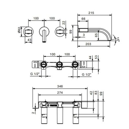 Fantini Venezia смеситель настенный -наружная часть, без ручек, цвет золото плюс, артикул 29 01 N013SB