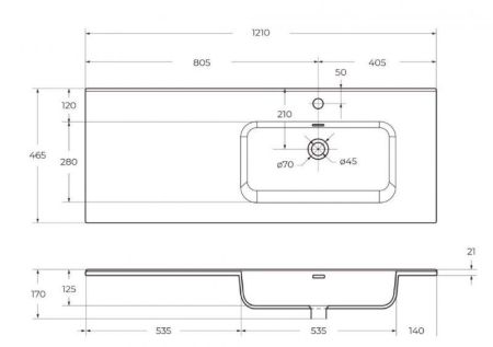 ETNA База под раковину подвесная с двумя выкатными ящиками и одной распашной дверцей, правосторонн.Rovere Moro,1209x462x500, ETNA-1200-2C-1A-SO-RW-R, артикул ETNA-1200-2C-1A-SO-RW-R