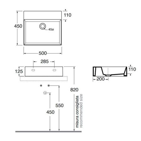AZZURRA ELEGANCE Squared раковина подвесная/накладная  50х45см без отв. под смеситель , цвет CARBONE, артикул ELLP050450Q0CA/(EQA50 CA)*0 carbone