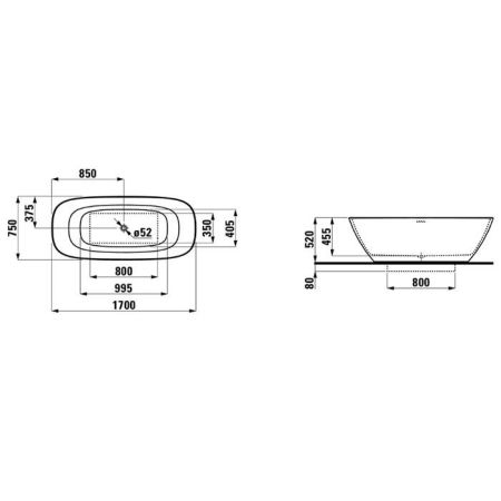 Ванна, Laufen, Ino, ширина, мм-1700, глубина, мм-750, высота, мм-520, тип установки-отдельностоящий, форма-овальная, диаметр слива, мм-52, материал-Sentec, цвет-белый, артикул 2.3130.2.000.000.1