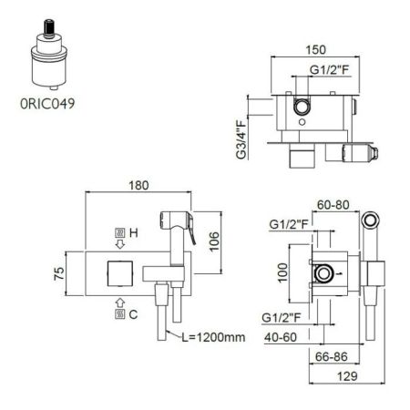 Гигиенический душ, Carimali, IlQuadro, смеситель-в комплекте, шланг-есть, длина шланга, мм-1200, держатель-в комплекте, квадратная пластина и ручки, материал-латунь/ABS пластик, цвет-хром, артикул 19710/C-120-CR