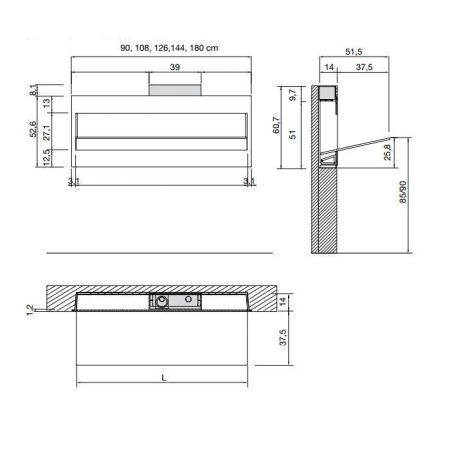 ANTONIO LUPI BATTIGIA Раковина встраиваемая в стену 1440х515х607 мм, с подсветкой, смеситель, донный клапан, сифон, Corian, мрамор Carrara, цвет белый, артикул BATTIGIAML 144