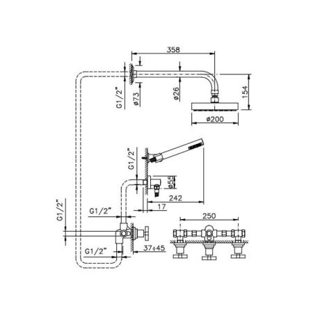 Nicolazzi Mac Kinley 05 Душевая система, встраиваемая, с двухвентильным смесителем, перекл, верх душ Ø 200 мм., душ компл и подводом воды, цвет хром, артикул 2233CR29