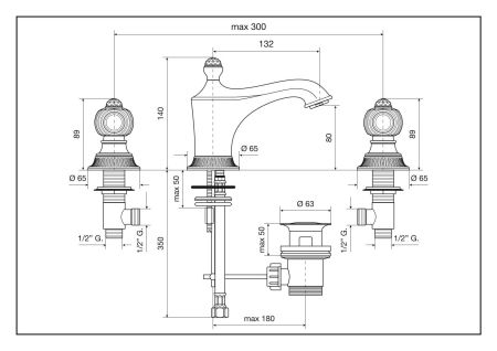 Смеситель The One 98033SW для раковины на 3 отверстия. Металлические ручки + прозрачные кристаллы, цвет золото, артикул 98033SWOR
