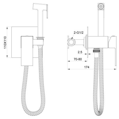 Смеситель с гигиеническим душем встраиваемый WONZON & WOGHAND CUBE, Брашированный никель (WW-88829016-BN), артикул WW-88829016-BN