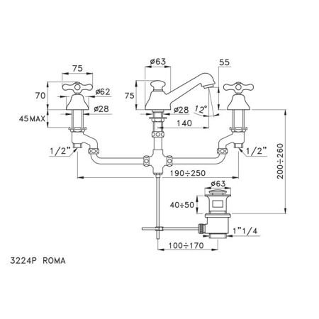 Stella Roma Смеситель для раковины на 3 отверстия 3224P, с донным клапаном, цвет: хром