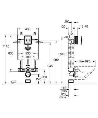 Инсталляционный комплект для унитаза GROHE Uniset для обмуровки с панелью смыва, хром (38723001), артикул 38723001