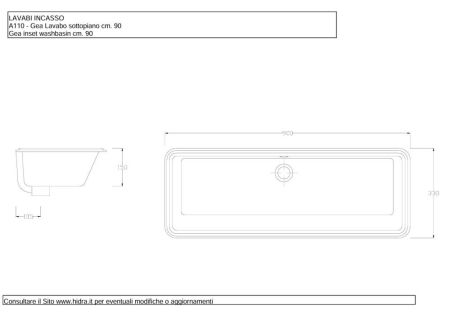 Hidra Lavabi, подстольная прямоугольная раковина 90x33x15h см, цвет белый глянцевый, артикул A110/001