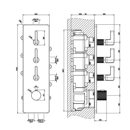 GESSI INCISO Встраиваемый термостатический смеситель на 3 источника, резьба 3/4" (внешние части), цвет: nero XL, артикул 58206#299
