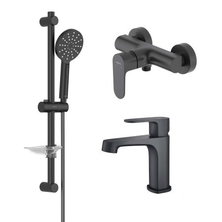 AQ1210MB ОБЕРОН смеситель для раковины 98, без донного клапана, матовый черный + AQ1260MB ОБЕРОН смеситель для душа, матовый черный + AQ2014MB ОБЕРОН душевой гарнитур 3jet 60 см, матовый черный, артикул AQ1231MB