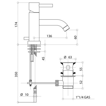 Bongio T Mix Смеситель для раковины, излив 136мм, с донным клапаном,  цвет хром
