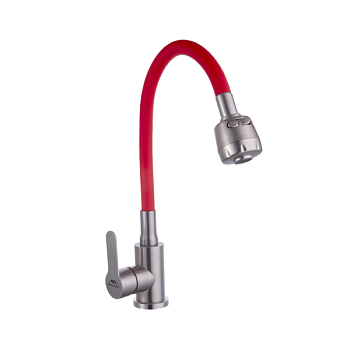 Смеситель для кухни с гибким изливом FASHUN A54101+N7348, сатин/красный