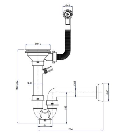 Сифон одинарный   3 1/2"  с круг пер черный, артикул 12PB2-P2A  черн