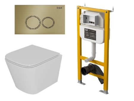 Комплект D&K Унитаз подвесной безободковый (торнадо) DT1436516 белый, Инсталляция DI8050127, Клавиша смыва DB1529007 матовое золото (DS1431633), артикул DS1431633