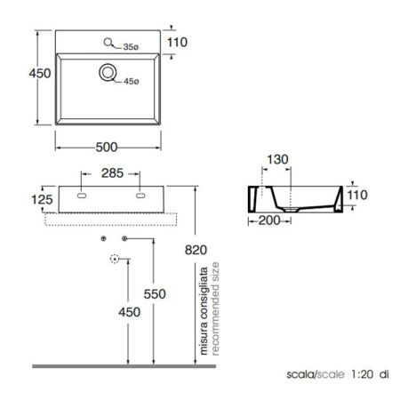 AZZURRA ELEGANCE Squared раковина подвесная/накладная 50х45см с 1 отв. под смеситель , цвет CARBONE