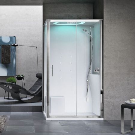 NOVELLINI EON 2P Душ.кабина 1200х800х2210 мм., правая, термост, гидромассаж, верхний душ, подсв, стенки белые глянц, фурн хром, стекло прозр, артикул EON2P129DT1F-1AK