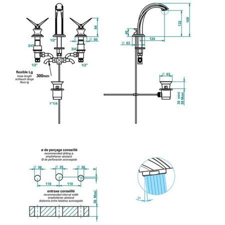 THG PAPILLON Смеситель для раковины на 3 отверстия, с донным клапаном, цвет хром