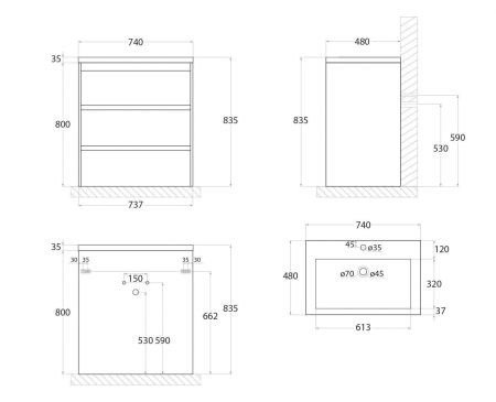 FAMILY База под раковину напольная с тремя выкатными ящиками, Pino Bianco, 750x470x845, FAMILY-750-3C-PIA-PB, артикул Family-750-3C-PIA-PB