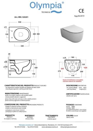 Olympia Milady, подвесной безободковый унитаз c крепежом, 52x37 см, цвет бирюзовый матовый, артикул MIL120233