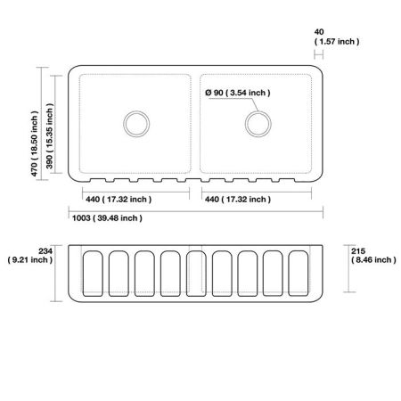 KERASAN Hanna Glasse SURREY Раковина керамическая кухонная 1003x470x230 мм,без отв под смеситель, без сифона, толщина 40 мм, цвет белый, артикул 545101