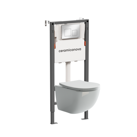 Комплект Подвесной унитаз Форма (Forma) Безободковый (Rimless) + Система инсталляции Баланс (Balance) кнопка Квадрат (Square), хром глянцевый, артикул CN3009_121002CH