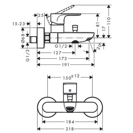 Смеситель для ванны и душа, Hansgrohe, Rebris S, тип открывания воды-однорычажный, тип регулирования воды-керамический картридж, монтаж-настенный, отверстия для монтажа-2, вынос излива, мм-173, регулируемое ограничение температуры, дивертер с переключател, артикул 72440000