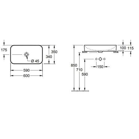 Раковина, Villeroy&Boch, Finion, ширина, мм-600, глубина, мм-350, высота, мм-115, тип установки-накладной (настольный), отверстия для смесителя-отсутствуют, с незапираемым клапаном, клапан с керамической крышкой, материал-керамика, вид грязеотталкивающего, артикул 414361R1
