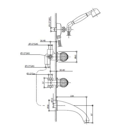 Bongio Rivoli Встраиваемый комплект для ванны- смеситель с  изливом, переключателем и ручным душем, цвет хром/cristallo 00