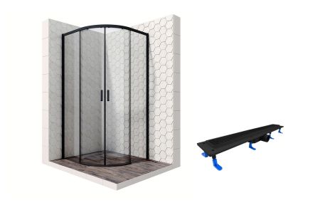 Душевой уголок Ambassador Queen Black 11011202-ST11, полукруглый, линейный трап, 100х100, артикул 11011202-ST11