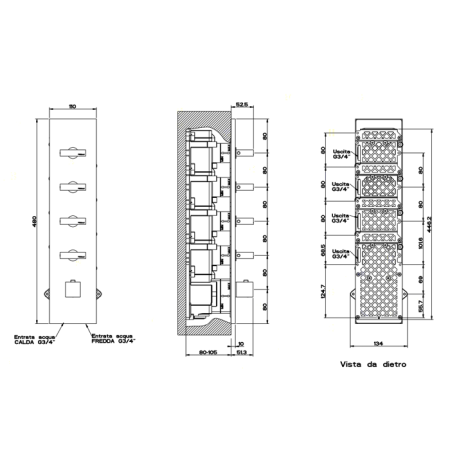 Gessi Rettangolo Встраиваемый термостат, подключение на 3/4”, с 4мя независимыми выходами(внешние части), цвет: хром