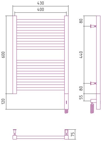 Полотенцесушитель, Сунержа, Модус 3.0, электрический, ширина, мм-430, глубина, мм-75, высота, мм-720, межосевое расстояние-400, нагревательный элемент-ТЭН, подключение-нижнее справа, электрокомплект-МЭМ, мощность, Вт-300, материал-нержавеющая сталь, назна, артикул 31-5701-6040