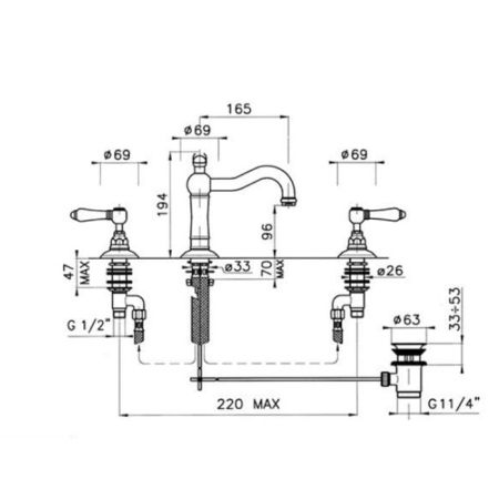 Nicolazzi Half Dome Смеситель для раковины на 3 отверстия, с донным клапаном, цвет: хром, артикул 1409CR70