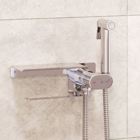 Гигиенический смеситель встроенный c полкой, лейка, шланг в комплекте - RGW SP-221, хром